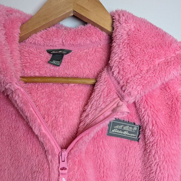 Eddie Bauer Girl's Size L Solid Pink Teddy Bear Fuzzy Fleece zip Hooded Jacket - Picture 2 of 9